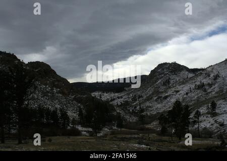 Schnee bedeckt die Stumps und Trümmer eines kürzlich erbebten Waldbrands auf dem vernarbten Berghang von Flagstaff in der Nähe von Boulder, CO, im Jahr 2020. Stockfoto