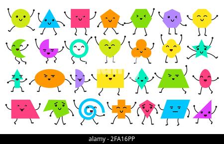 Pädagogische geometrische Formen mit Händen, Beinen gesetzt. Verständnis der Geometrie Poster für das Lehren und Lernen in der Schule. Vektor flache Stil Cartoon-Formen Illustration isoliert auf weißem Hintergrund Stock Vektor