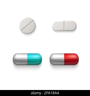Set von Kapseln und Tabletten der Medizin. Symbole auf weißem Hintergrund isoliert Stock Vektor