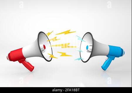 Zwei Megaphone rufen einander an. Konflikte und Diskussionen. 3d-Rendering. Stockfoto