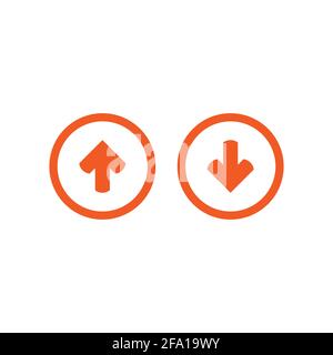 Roter abgerundeter Pfeil in rot orangefarbenem Kreis und roter abgerundeter Pfeil in rotem Kreis. Flaches Symbol isoliert auf weiß. Point-Down-Taste. südschild. Hochladen Stock Vektor