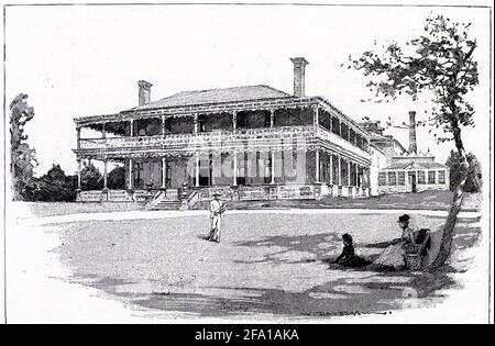 Gravur eines zweistöckigen Hauses auf einem großen ländlichen Grundstück in Australien, um 1880 Stockfoto