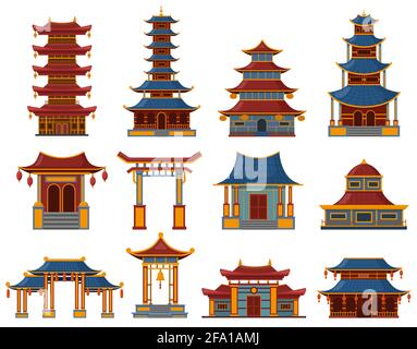 Chinesische Gebäude. Architektonische asiatische Tempel, Paläste und Pagodenhäuser, china kulturelle Objekte Vektor Illustration Set. Orientalisch traditionell Stock Vektor