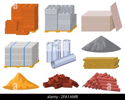 Baumaterialien. Bauindustrie Ziegel, Zement, Holzbretter und Metallrohre Vektor Illustration Set. Gebäudedämmung oder Dach Stock Vektor