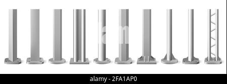 Realistische Metallstangen. Vertikale Säulen aus silbernem Metall, Konstruktionsmast aus glänzendem Aluminium. Vektorgrafik Metalllagersäule Stock Vektor