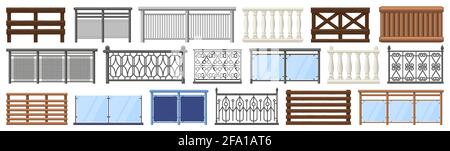 Balkongeländer. Metall, Holz und Stein dekorative Balkonzäune, Terrasse Zäune isoliert Vektor-Illustration-Set. Startseite Fassade Balkon Elemente Stock Vektor