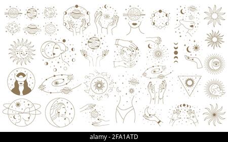 Mystische Elemente der Astrologie. Magische Weltraum-Objekte, Planeten, Sterne mit weiblichen Händen und Gesichter Vektor-Illustration Set. Minimalistische Frau kosmisch Stock Vektor