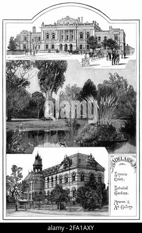 Gravur von drei Standorten in Adelaide, Südaustralien während der 1880er Jahre (von oben) Supreme Court Gebäude, Botanische Gärten; Museum und Kunstgalerie. Stockfoto