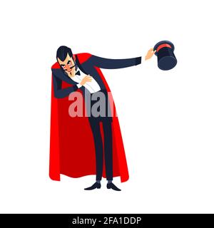 Circus-Entertainer, Performer-Charakter in Zylinderhut und rotem Umhang. Cartoon Charakter Vektor Mann Zirkus Jahrmarkt Karneval Entertainer oder Stock Vektor