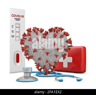 Coronavirus in Form eines Herzens neben einem Stethoskop, einem roten Koffer und einem Test. 3D-Rendering. Stockfoto