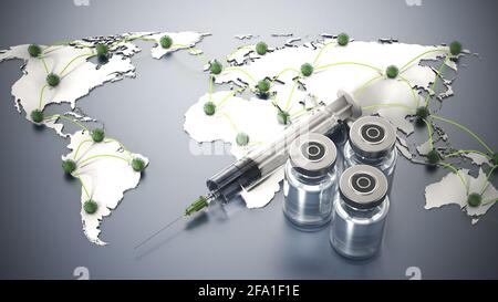 Covid 19 Impfstoffflaschen und Spritze stehen auf der Weltkarte. 3D-Illustration. Stockfoto