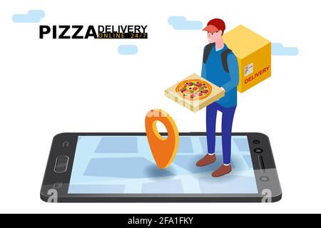 Isometrie Pizza Lieferung Kurier Mann mit Paket Fast Food Pizza. Online-Service-Bestellung, Smartphone-Tracking. Vektordarstellung isoliert flach Stock Vektor