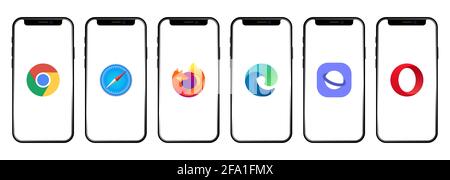 Vinnytsia, Ukraine - 21. April 2021: Set von Telefon-Bildschirm mit verschiedenen Browser-Symbole. Google Chrome, Safari, Mozilla Firefox, Microsoft Edge, Samsun Stock Vektor