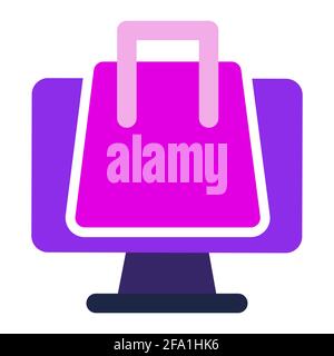 Computer Icon. Computer mit Einkaufstasche. Flaches Design Vektor Icon Konzept Stockfoto