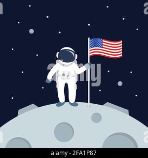 Astronaut landet auf dem Mond mit amerikanischer Flagge. Stern und Planeten auf dem Hintergrund der Galaxie. Vektorgrafik im flachen Stil Stock Vektor