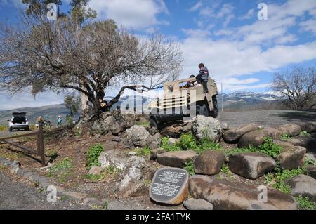 Tel Faher (oder Golani Lookout) ist ein ehemaliger syrischer Außenposten auf den Golanhöhen, der seit dem Sechstagekrieg 1967 von Israel besetzt wurde. Tel Fahe Stockfoto