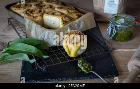 Pesto-Brötchen mit Bärlauch Stockfoto