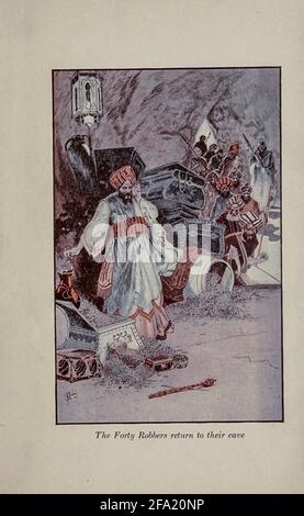 Die vierzig Räuber kehren in ihre Höhle zurück aus dem Buch „die arabischen Nächte“, herausgegeben von Anna Tweed, das 1910 in New York von der Firma Baker & Taylor herausgegeben wurde, illustriert von Caspar Emweson und Leon D'Emo Stockfoto