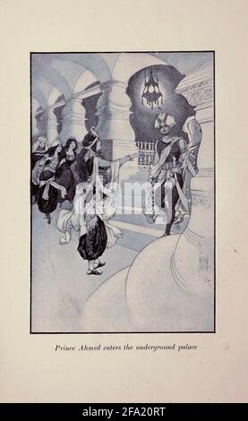 Prinz Ahmed begibt sich in den unterirdischen Palast aus dem Buch „die arabischen Nächte“, herausgegeben von Anna Tweed, das 1910 in New York von der Firma Baker & Taylor herausgegeben wurde, illustriert von Caspar Emweson und Leon D'Emo Stockfoto