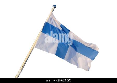 Finnland Nationalflagge winkt auf dem Wind isoliert auf weißem Hintergrund. Finnische Flagge auf Fahnenmast, Stockfoto