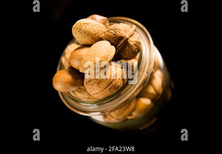 Gemischte Nüsse in einem Glas, Haselnüsse, Walnüsse, Mandeln, Pekannüsse Stockfoto