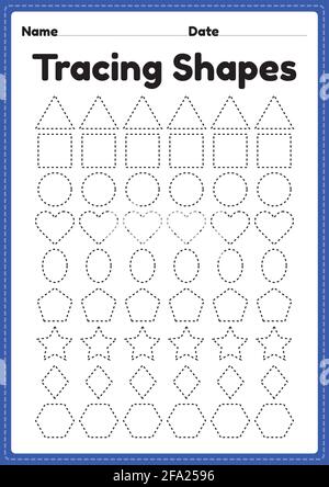 Tracing Shapes Arbeitsblatt für Kindergarten und Vorschulkinder für Handschriftübungen und pädagogische Aktivitäten in einer druckbaren Seitenillustration. Stock Vektor