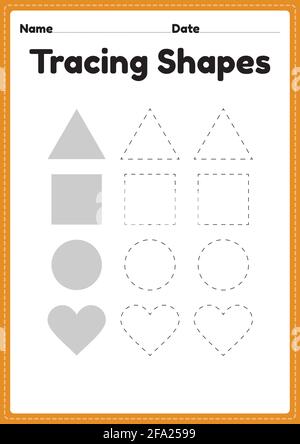 Tracing Shapes Arbeitsblatt für Kindergarten und Vorschulkinder für Handschriftübungen und pädagogische Aktivitäten in einer druckbaren Seitenillustration. Stock Vektor