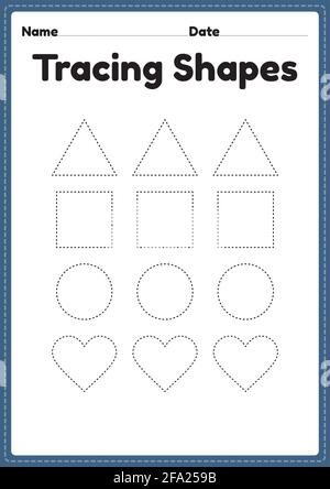 Tracing Shapes Arbeitsblatt für Kindergarten und Vorschulkinder für Handschriftübungen und pädagogische Aktivitäten in einer druckbaren Seitenillustration. Stock Vektor