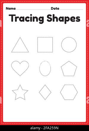 Tracing Shapes Arbeitsblatt für Kindergarten und Vorschulkinder für Handschriftübungen und pädagogische Aktivitäten in einer druckbaren Seitenillustration. Stock Vektor