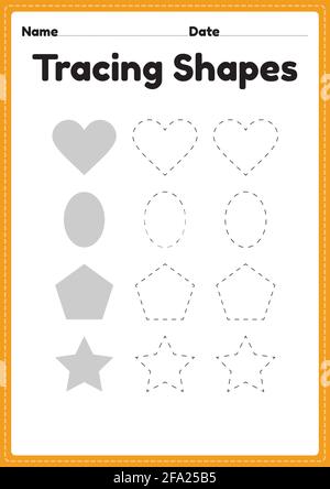 Tracing Shapes Arbeitsblatt für Kindergarten und Vorschulkinder für Handschriftübungen und pädagogische Aktivitäten in einer druckbaren Seitenillustration. Stock Vektor