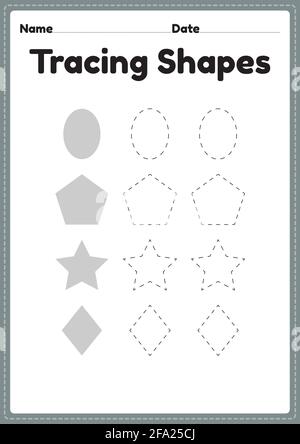 Tracing Shapes Arbeitsblatt für Kindergarten und Vorschulkinder für Handschriftübungen und pädagogische Aktivitäten in einer druckbaren Seitenillustration. Stock Vektor