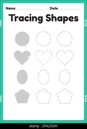 Tracing Shapes Arbeitsblatt für Kindergarten und Vorschulkinder für Handschriftübungen und pädagogische Aktivitäten in einer druckbaren Seitenillustration. Stock Vektor