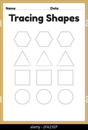 Tracing Shapes Arbeitsblatt für Kindergarten und Vorschulkinder für Handschriftübungen und pädagogische Aktivitäten in einer druckbaren Seitenillustration. Stock Vektor