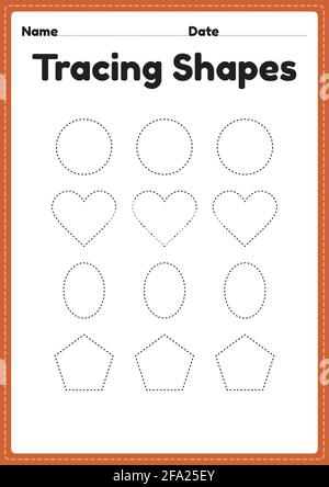 Tracing Shapes Arbeitsblatt für Kindergarten und Vorschulkinder für Handschriftübungen und pädagogische Aktivitäten in einer druckbaren Seitenillustration. Stock Vektor