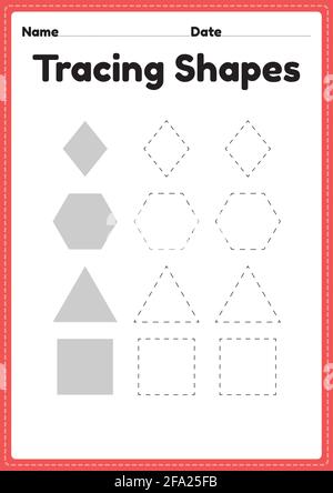 Tracing Shapes Arbeitsblatt für Kindergarten und Vorschulkinder für Handschriftübungen und pädagogische Aktivitäten in einer druckbaren Seitenillustration. Stock Vektor