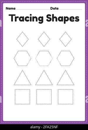 Tracing Shapes Arbeitsblatt für Kindergarten und Vorschulkinder für Handschriftübungen und pädagogische Aktivitäten in einer druckbaren Seitenillustration. Stock Vektor