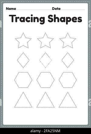 Tracing Shapes Arbeitsblatt für Kindergarten und Vorschulkinder für Handschriftübungen und pädagogische Aktivitäten in einer druckbaren Seitenillustration. Stock Vektor