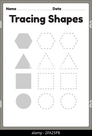 Tracing Shapes Arbeitsblatt für Kindergarten und Vorschulkinder für Handschriftübungen und pädagogische Aktivitäten in einer druckbaren Seitenillustration. Stock Vektor