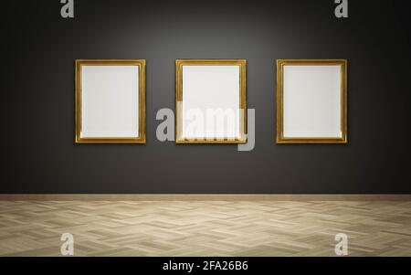 Leere goldene Bilderrahmen mit leerer Leinwand auf schwarzer Wand In der Kunstgalerie Ausstellung 3d Rendering Illustration Modell Vorlage Stockfoto