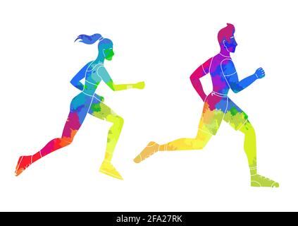Set von Regenbogen Aquarell Silhouetten von laufenden Mann und Frau. Joggen. Die modernen Personen, die im Sport tätig sind. Symbole und Logos von Marathonsportlern. Stock Vektor
