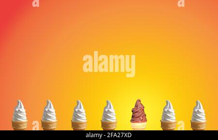 Reihen von zwei Arten von Soft Serve Ice Cream Cones Auf dem Hintergrund des gradient-orangefarbenen Hintergrunds Stockfoto