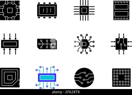 Schwarze Glyphsymbole für Mikroschaltungen im weißen Raum Stock Vektor