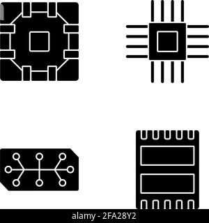 Schwarze Glyphsymbole für Mikroschaltungen im weißen Raum Stock Vektor