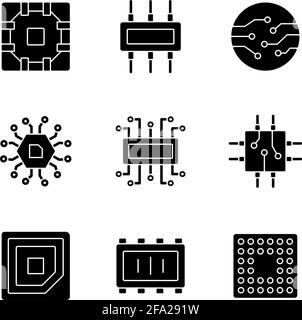 Schwarze Glyphsymbole für Mikroschaltungen im weißen Raum Stock Vektor