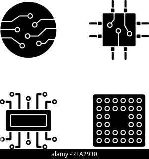 Schwarze Glyphsymbole für Mikroschaltungen im weißen Raum Stock Vektor