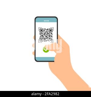 Flache Design-Abbildung der männlichen Hand halten Touchscreen-Handy. Erfolgreicher QR-Code-Scan für Zahlung - Vektor Stock Vektor