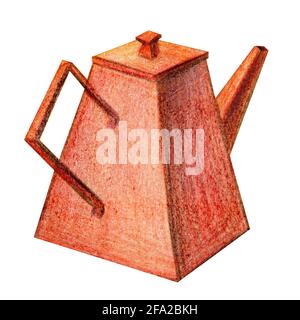 Aquarell Quadrat Herbst niedlich Hygge Wasserkocher Illustration. Handgezeichnete orange Teekannen isoliert auf weißem Hintergrund, Tee Zeit Stockfoto