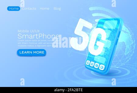 Bildschirm Telefon Neon-Symbol 5G-Netz modern. Blauer Hintergrund, mobiler Service. Vektorgrafik Stock Vektor