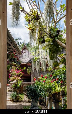 Innenhöfe von Penglipuran, traditionelles Dorf. Bangli Regency, Bali, Indonesien. Vertikales Bild. Stockfoto