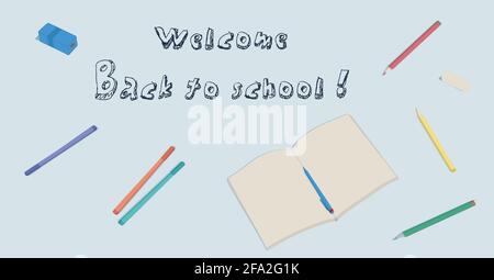 Willkommen Zurück zur Schule Konzept mit Schule mit Notizbuch, Bleistifte, Stift, Spitzer auf blauem Hintergrund. Design-Vorlage für Banner, Poster. Stock Vektor